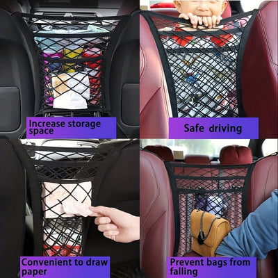 Bolsillo de red universal para automóvil entre asientos, organizador de malla para automóvil de 3 capas, bolsa de red de malla elástica para respaldo de asiento de automóvil para ordenar la barrera de red para perros en el asiento trasero