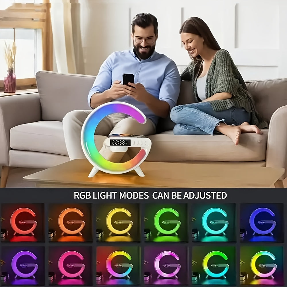 Altavoz sin varillas Moderno Multifuncional con Lámpara de Escritorio Ambiental RGB, Tira LED Colorida, Carga Inalámbrica, Función de Reloj Despertador y Reproducción TF Card, Ideal para Dormitorio, Estudio o Área de Trabajo, Luz Portátil Ajustable, Lámp