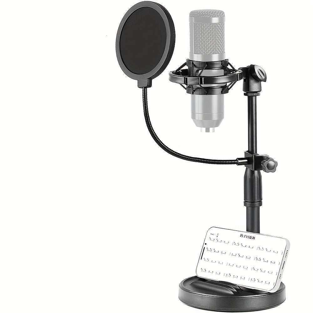 Soporte de micrófono de escritorio negro de ABS con soporte para teléfono, base pesada, filtro popular, amortiguador de choques, abrazadera de micrófono - Ideal para estudio de grabación en casa, configuración de grabación en casa | Soporte de micrófono