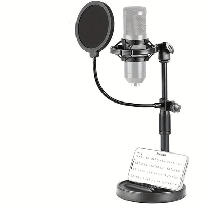 Soporte de micrófono de escritorio negro de ABS con soporte para teléfono, base pesada, filtro popular, amortiguador de choques, abrazadera de micrófono - Ideal para estudio de grabación en casa, configuración de grabación en casa | Soporte de micrófono