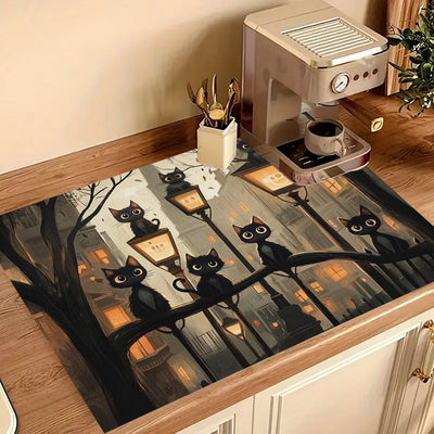 1 pieza de alfombrilla de estufa con ilustración de gato negro vibrante y farola - Cubierta protectora antideslizante de poliéster para encimeras de cocina y horno, accesorio de cocina vibrante, decoración del hogar, decoración de cocina | Diseño diverti