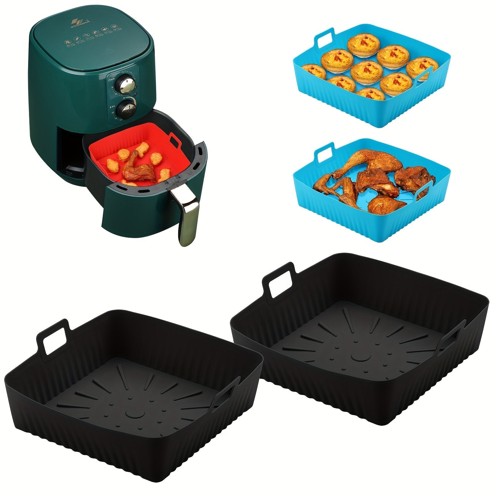 1/2 piezas de Forros Cuadrados de Silicona para Freidora de Aire - Olla Reutilizable para Freidora de Aire de 22.86 cm - Accesorios para Freidora de Aire - Insertos para Horno Microondas de 6 a 9 QT