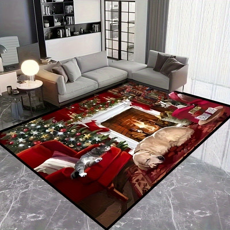 Alfombra de tema navideño lavable con impresión de perro lindo, alfombrilla de fibra de poliéster antideslizante para interior, tapete plano tejido a máquina para sala de estar cocina entrada, decoración navideña para el hogar