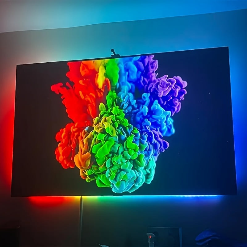 1pc EISSLOLY Tira de iluminación de fondo LED RGBIC con sensor AR, alimentada por USB, controlada por aplicación, inalámbrica, atenuable y de cambio de color, para televisores de 35-80 pulgadas, salas de juego, dormitorios, salas de estar - Sincroniza co