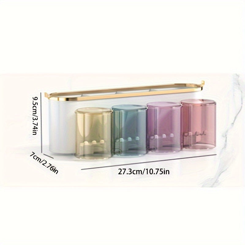 1pc Soporte multifuncional de lujo para cepillos de dientes y estante para tazas - Almacenamiento de pasta de dientes y enjuague bucal montado en la pared con exprimidor incorporado - Organizador de baño que ahorra espacio hecho de plástico duradero