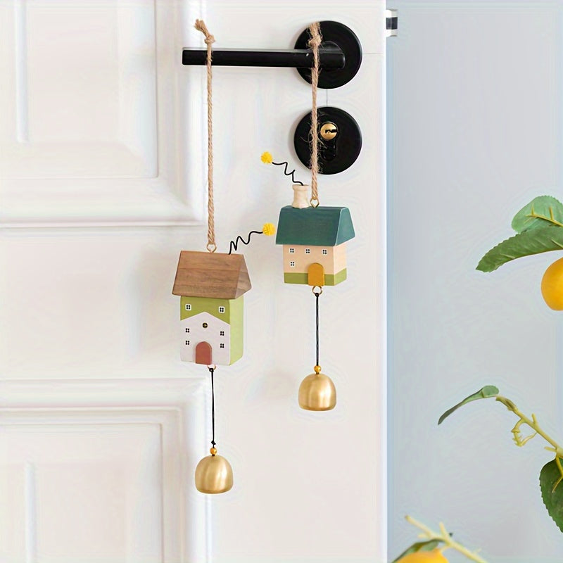 Campanas de Viento para el Hogar - con Campanillas Doradas, Techo Azul Verdoso y Puerta Principal - Madera Natural de Pino Exterior, Sin Necesidad de Electricidad - Timbres Minimalistas para Patio, Jardín, Decoración del Hogar - Regalo de Cumpleaños/Inau