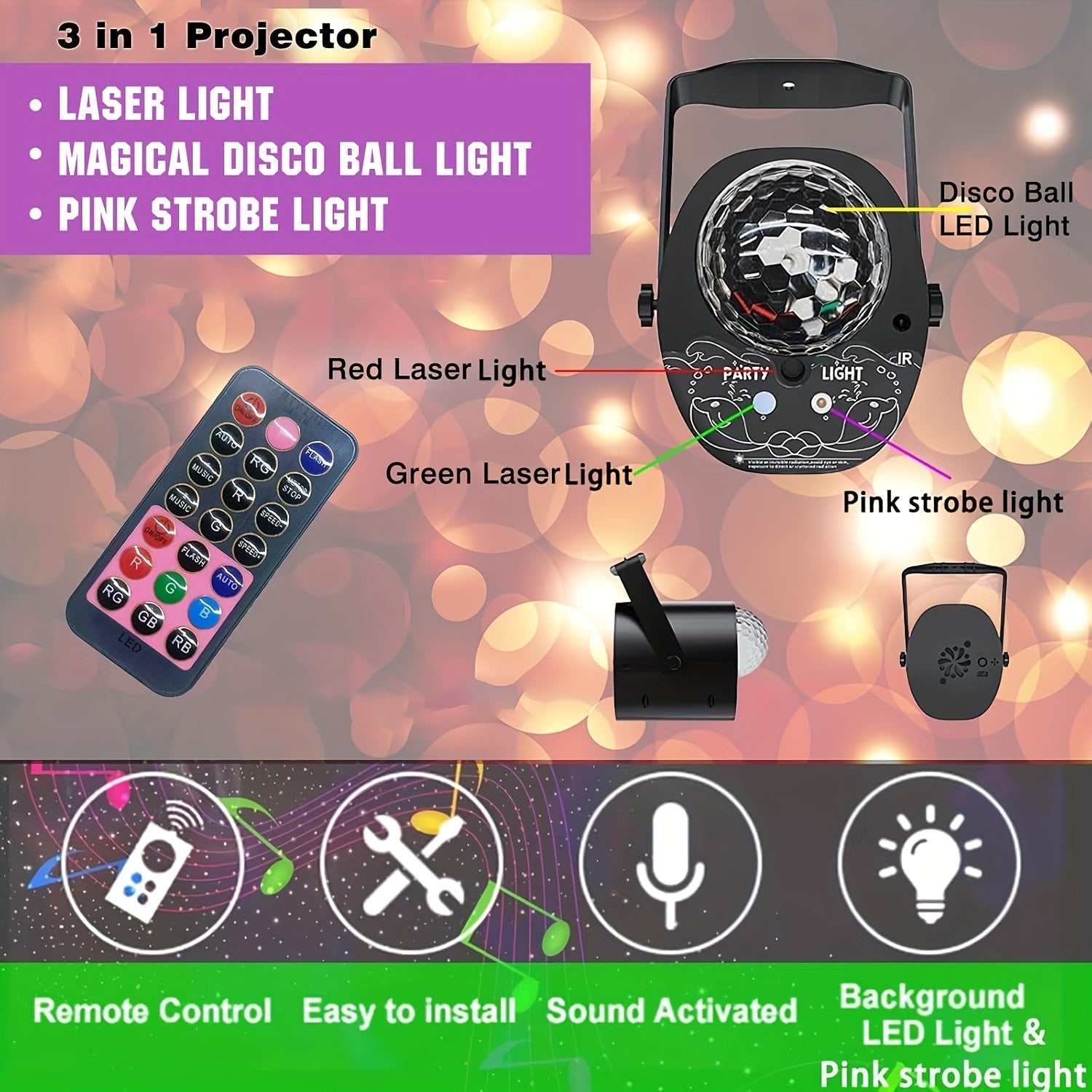 Luz LED Disco Ball 3 en 1 con cable USB de 3 metros, prisma giratorio de colores y control remoto - Decoración de fiesta portátil para hogar, club, eventos, iluminación de eventos, iluminación vibrante, construcción duradera