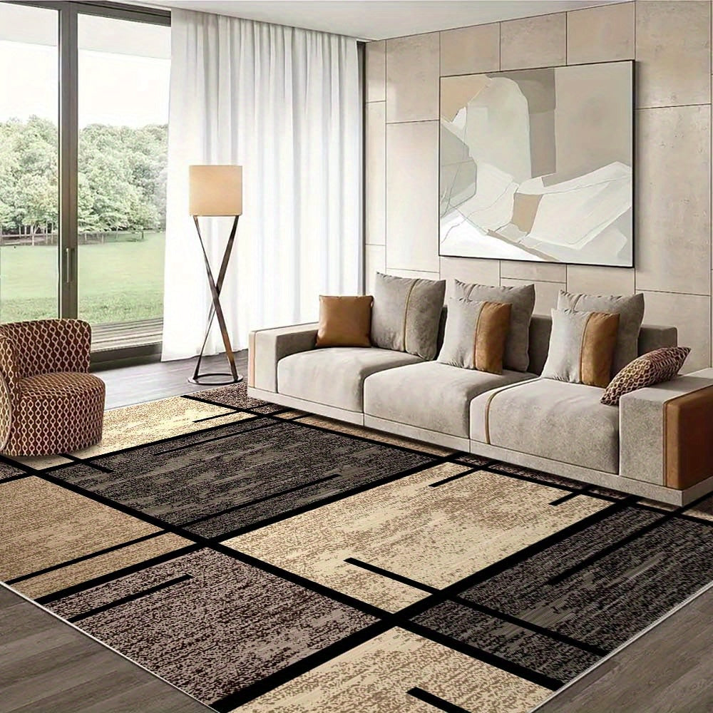 Alfombra de área de terciopelo lujosa - Premium, lavable a máquina, resistente a decoloración, de poliéster para sala, dormitorio, oficina y decoración exterior - Rectangular, liviana y fácil de limpiar - 850g/m², diseño geométrico en beige y marrón, tap