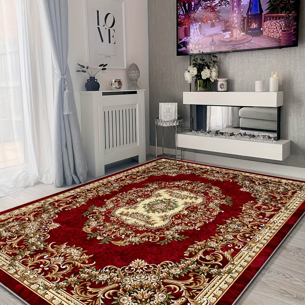 1 Alfombra de Terciopelo VelvetSoft Ultra Suave - Diseño Elegante con Flores Rojas y Geometría Dorada, Antideslizante, Lavable a Máquina, Ligera y Duradera en Poliéster para Sala, Dormitorio, Oficina, Entrada o Camping | Accesorio Hogareño Elegante | Bas