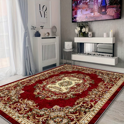 1 Alfombra de Terciopelo VelvetSoft Ultra Suave - Diseño Elegante con Flores Rojas y Geometría Dorada, Antideslizante, Lavable a Máquina, Ligera y Duradera en Poliéster para Sala, Dormitorio, Oficina, Entrada o Camping | Accesorio Hogareño Elegante | Bas