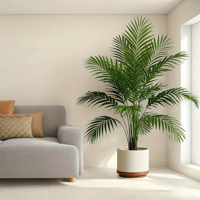 1 Maceta de Planta Artificial de Palma - 24 Hojas Realistas, Árbol del Dinero Grande con Diseño de Girasoles, Decoración Moderna y Fácil Mantenimiento para Interior/Exterior, Hogar, Oficina o Jardín de Boda