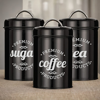 3 piezas de contenedores de almacenamiento de metal premium con tapas - Organizador de alimentos y té redondo reutilizable para café, azúcar, confitería - Solo lavado a mano, solución de almacenamiento de cocina multiusos