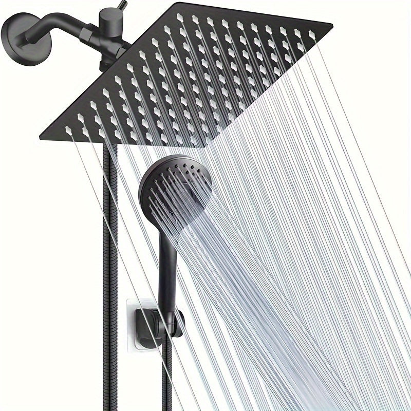 1 juego de cabeza de ducha de acero inoxidable clásico cuadrado, montaje en pared con pulverizador de lluvia, divisor de 3 vías, anti-salpicadura, manguera flexible, soporte sin taladro, acabado pintado, estilo de montaje en pared para experiencia de bañ