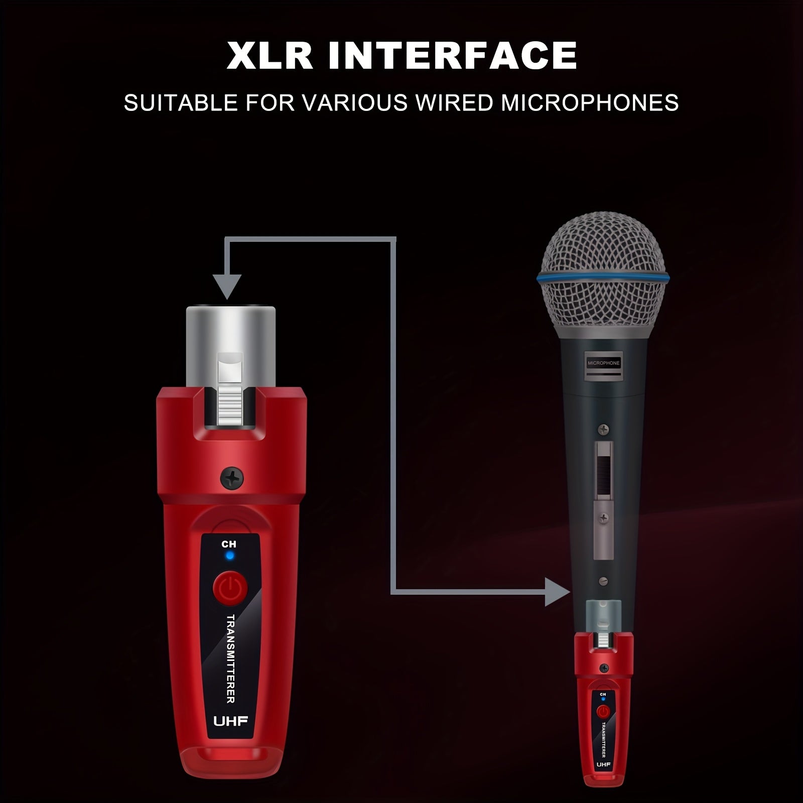 Adaptador transmisor receptor inalámbrico para micrófonos dinámicos [Sistema inalámbrico para micrófonos dinámicos], sistema de micrófono inalámbrico con adaptador transmisor receptor XLR, compatible con sistema XLR, conector de 6.35 mm, recargable por U