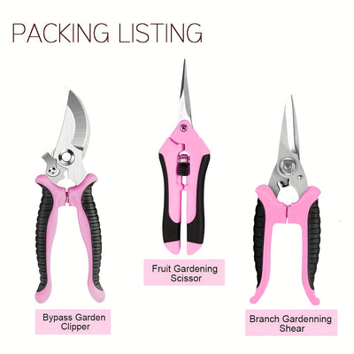3 piezas de tijeras de poda florales profesionales rosas, tijeras de poda para jardinería, tijeras de rama con cuchillas de acero inoxidable, juego de herramientas de poda portátiles en embalaje en caja.