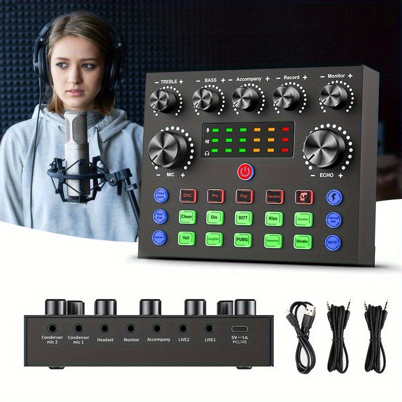 V8S Pro Interfaz de Voz con Efectos Coloridos - Alimentado por USB, Batería Recargable de 500mAh, Tarjetas de Sonido ABS Negras para Grabación de PC, Cantar, Simplificar y Juegos, Incluye Conector de Micrófono y Auriculares