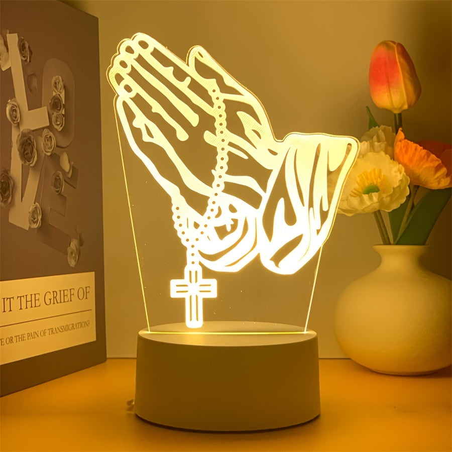 Luz de noche de oración en cruz 3D - Alimentada por USB, conmutador controlado por botón, luz de ambiente creativa para escritorio y dormitorio, lámpara de mesa decorativa novedosa, adecuada para Ramadán, luz de ambiente de habitación festiva, con base b