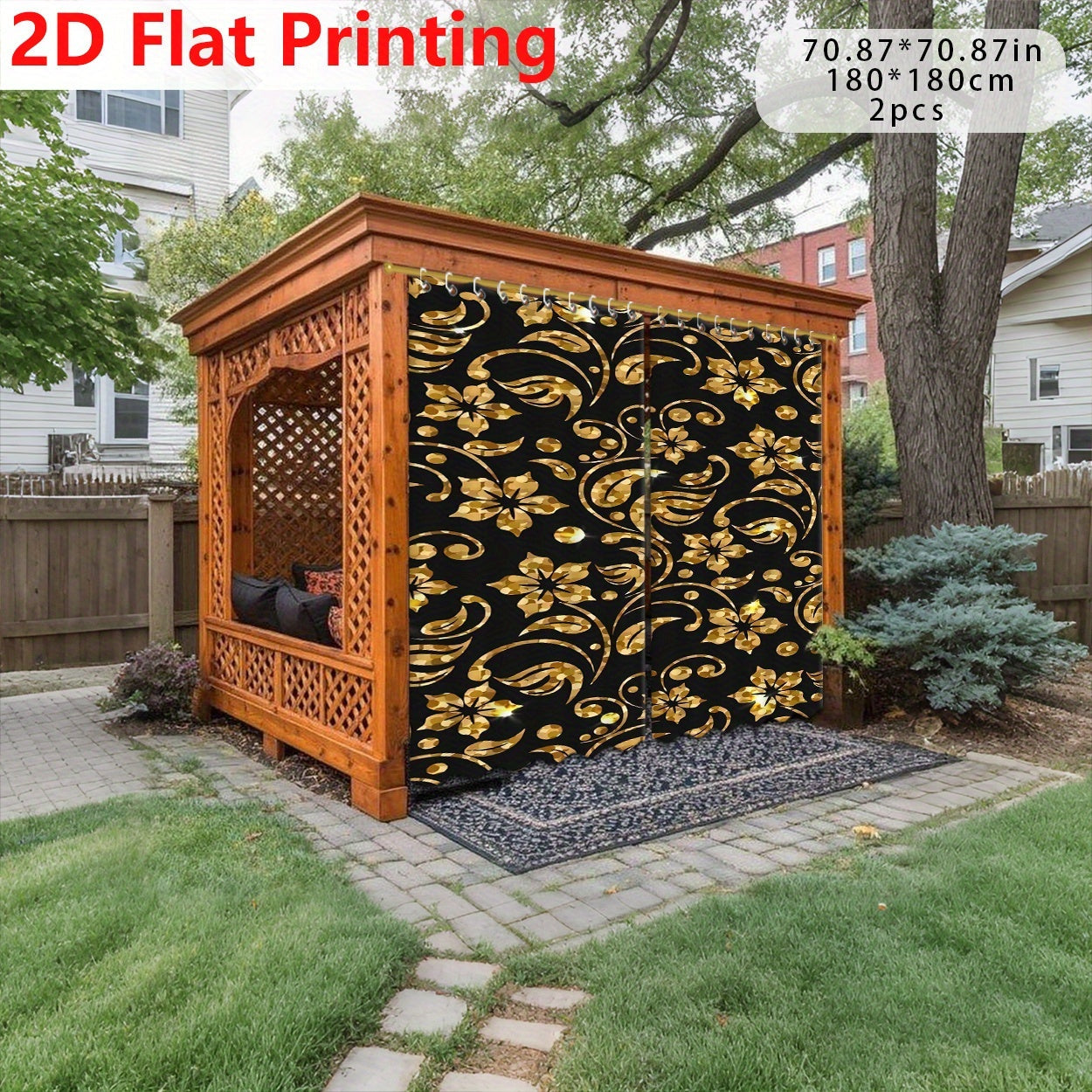 2D Cortinas de Impresión Plana, 2 Piezas – Diseño Digital Entrelazado y Dorado para Decoración Primavera/Verano, Ideales como Cortinas de Puerta, Patio, Uso Interior/Exterior, Tela de Fondo para Corredores, Balcón, Jardín, Dormitorio o Sala, Decoración F