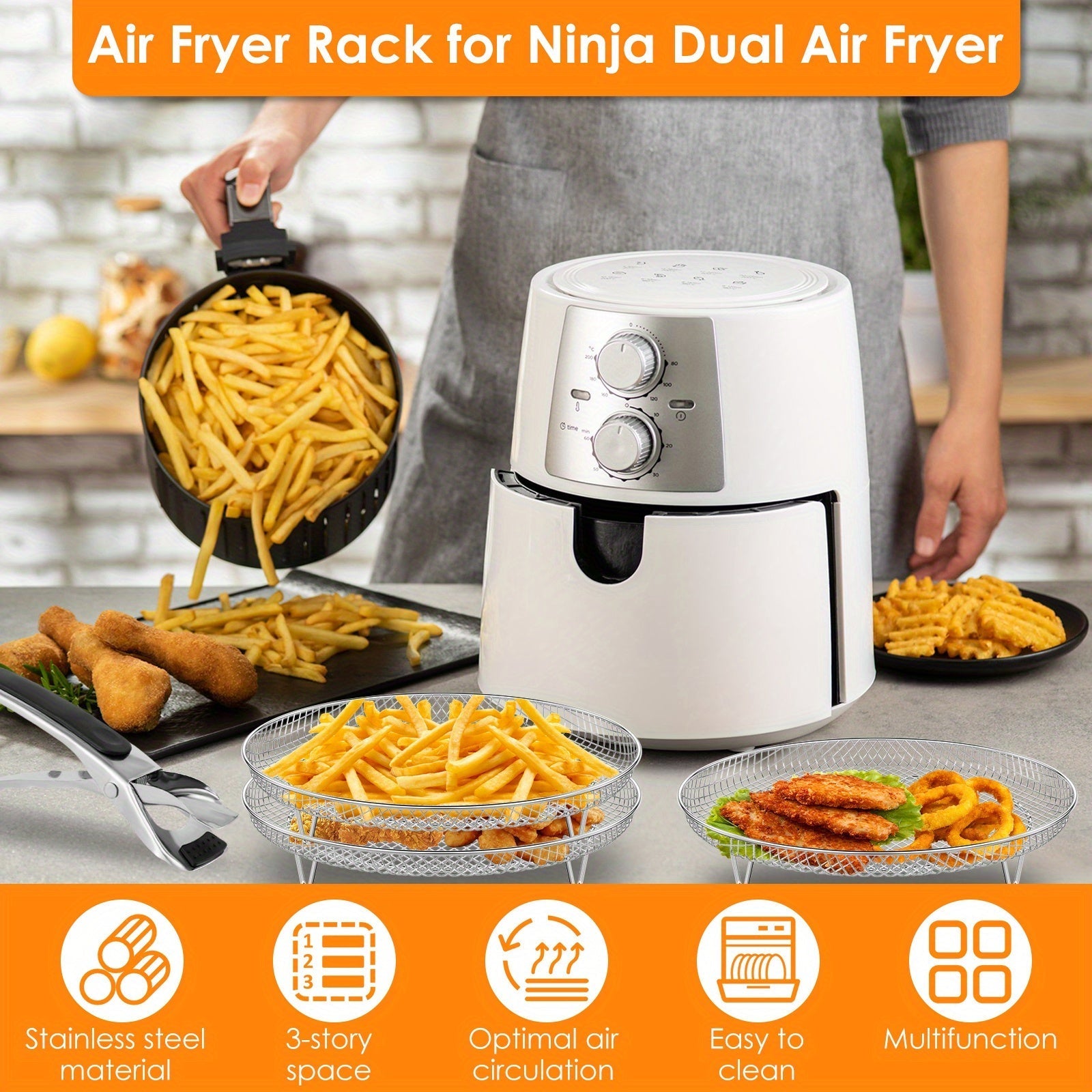 Soporte de 3 niveles para freidora de aire de acero inoxidable - Accesorio circular para asar, vaporizar y hornear con juego de clips para alimentos, frutas y verduras - Ideal para uso en cocina doméstica, accesorio para freidora de aire