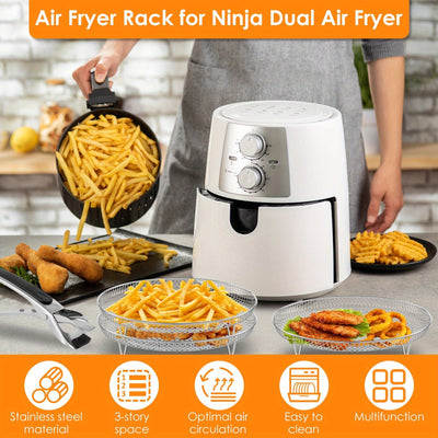 Soporte de 3 niveles para freidora de aire de acero inoxidable - Accesorio circular para asar, vaporizar y hornear con juego de clips para alimentos, frutas y verduras - Ideal para uso en cocina doméstica, accesorio para freidora de aire