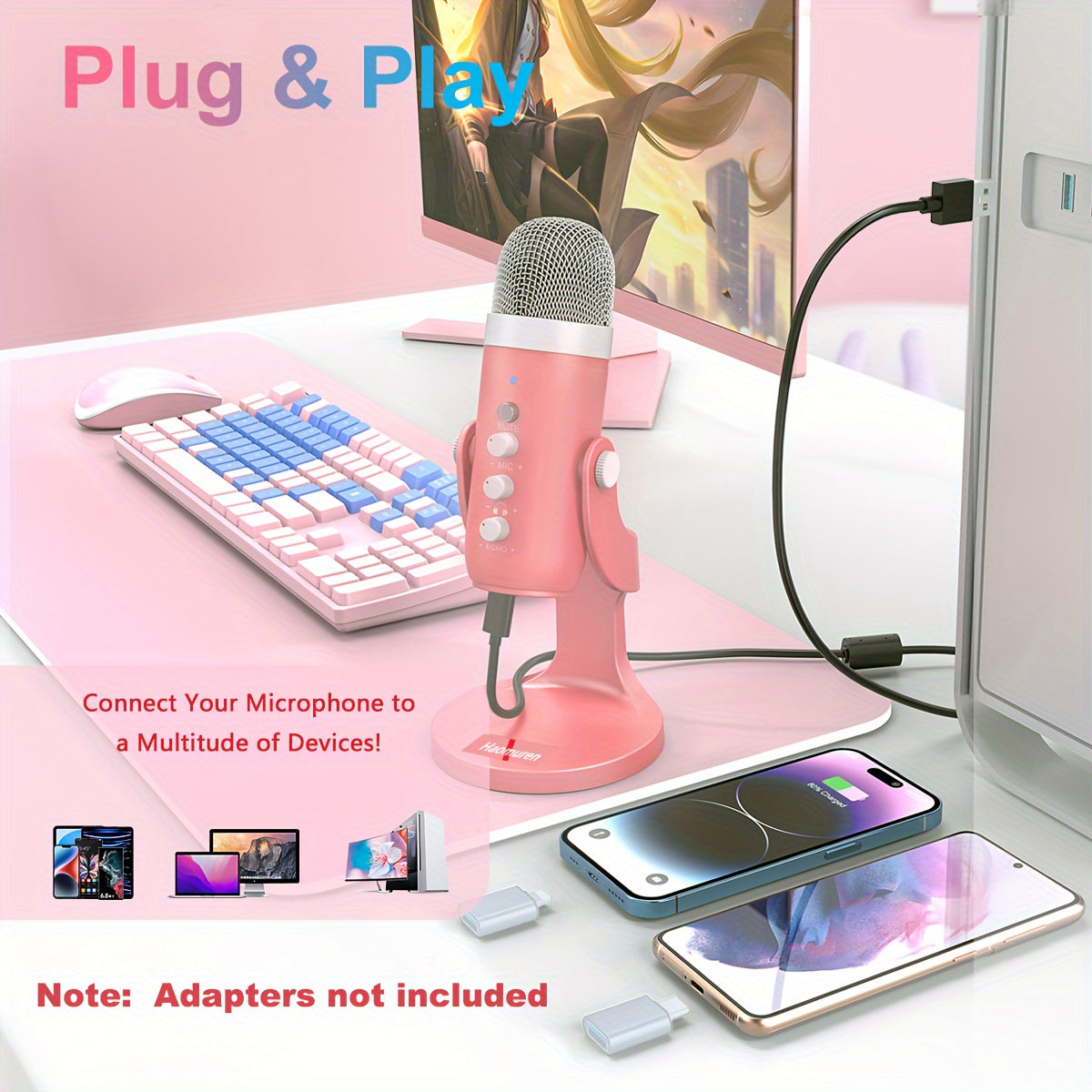 1pc Micrófono de condensador Haomuren con soporte, USB tipo C, reducción de ruido, cancelación de eco, monitor en tiempo real, control de voz para juegos, canto, videoconferencia, transmisión, podcasting - Resina ABS, alimentación USB