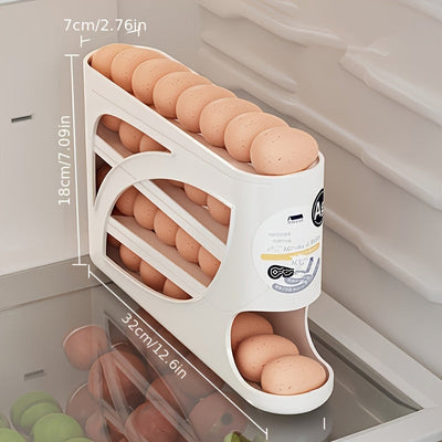 Estante de huevos giratorio de 4 capas - Diseño de puerta lateral que ahorra espacio, puede contener 30 huevos, acabado brillante y liso, asa conveniente, adecuado para almacenamiento en cocina y refrigerador | Accesorios de cocina modernos | Material pl