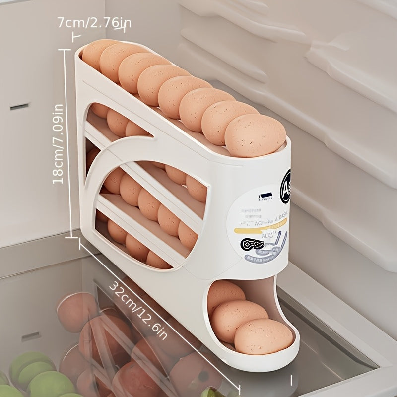 Estante de huevos giratorio de 4 capas - Diseño de puerta lateral que ahorra espacio, puede contener 30 huevos, acabado brillante y liso, asa conveniente, adecuado para almacenamiento en cocina y refrigerador | Accesorios de cocina modernos | Material pl