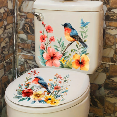 2 piezas de calcomanías adhesivas para pared de baño, diseño floral con pájaros rojos y azules, impermeables, acabado mate, fáciles de pegar y despegar, decoración para el hogar, accesorios para baño