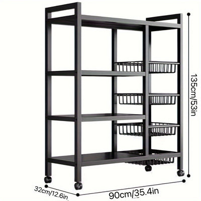 Carrito de almacenamiento industrial de metal con ruedas, organizador rodante de estantes abiertos de 4 niveles con cestas colgantes, unidad de estantería móvil multiusos para la organización de la cocina, la oficina y el hogar.