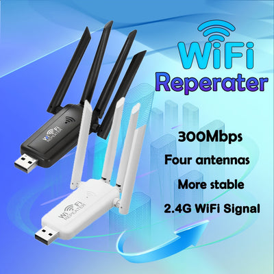 Repetidor de WiFi USB de alta velocidad 300Mbps con 4 antenas - Amplificador de señal inalámbrica para una mayor cobertura de red, alimentado por USB, diseño negro elegante, conexión directa super, mejora tu experiencia de WiFi, extensor de WiFi, repetid