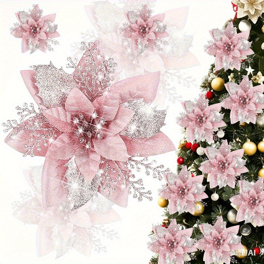 36 Piezas de Flores Artificiales Poinsettia Rosa Brillante con Capas Luminosas - Sin Necesidad de Electricidad/Baterías, Decoración Elegante para Árboles Navideños, Coronas y Guirnaldas - Construcción Duradera en Plástico, Ideal para Interiores/Exteriore