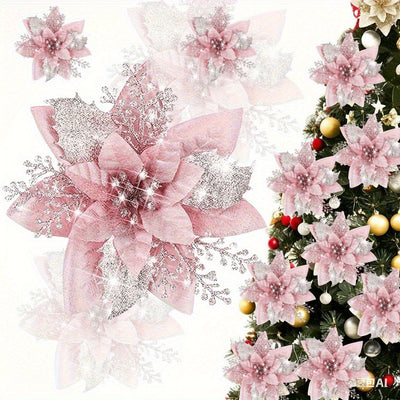 36 Piezas de Flores Artificiales Poinsettia Rosa Brillante con Capas Luminosas - Sin Necesidad de Electricidad/Baterías, Decoración Elegante para Árboles Navideños, Coronas y Guirnaldas - Construcción Duradera en Plástico, Ideal para Interiores/Exteriore