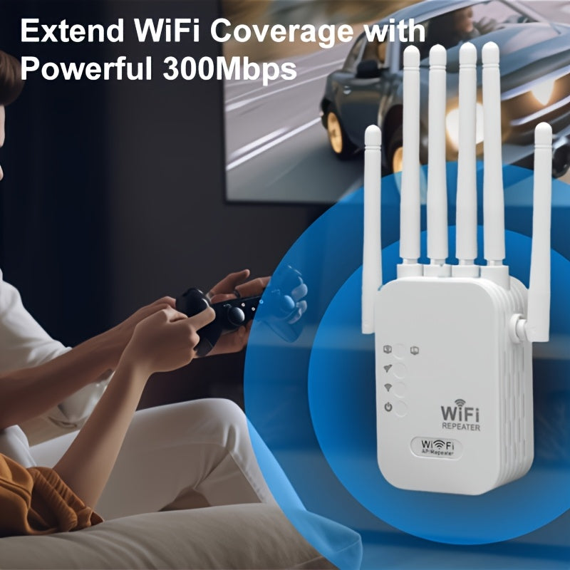 Extensor WIFI6, Amplificador de Señal con Puerto Ethernet, 6 Antenas de Alto Rendimiento, Cobertura 360° sin Puntos Muertos hasta 11000 pies cuadrados, Tecnología WIFI6, Velocidad Inalámbrica Hasta 300Mbps y Conexión Estable por Cable. Función de Relé Rá