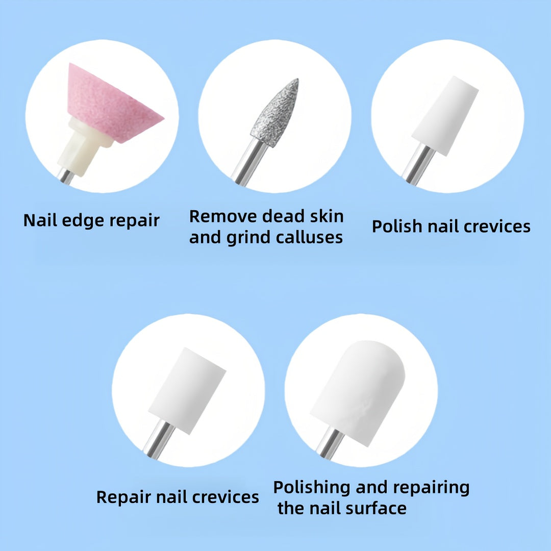 Kit de Amoladora Eléctrica Portátil para Uñas con 6 Cabezales - Herramienta Profesional para Manicura, Eliminación de Gel y Limado en Color Beige Claro