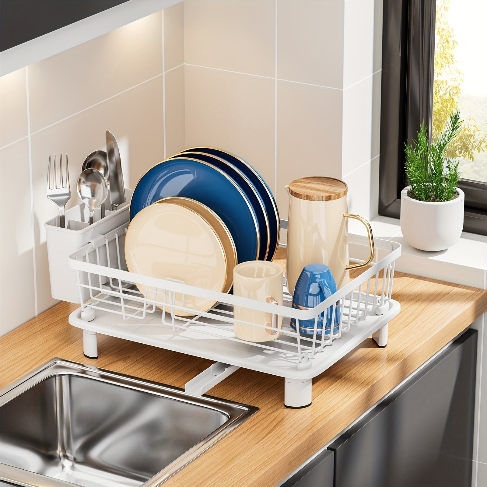 1pc Elegante Estante para Secar Platos en Negro y Blanco con Tabla de Escurreplatos - Organizador de Encimera de Cocina Duradero de Metal y Plástico para Platos, Tazones, Utensilios - Diseño Ahorra-Espacio Perfecto para Cocinas Modernas