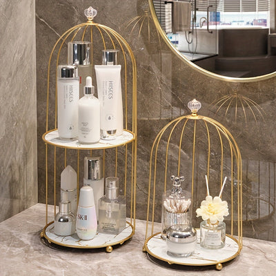 1 organizador de maquillaje de hierro fundido en tono dorado, estante en forma de jaula para baño, elegante soporte para perfumes y productos de cuidado de la piel, repisa para tocador y mostrador