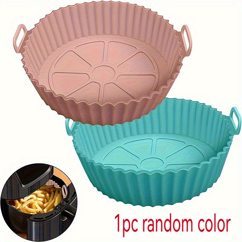 Utensilio de Silicona Reutilizable para Freidora de Aire - Plato Redondo Antiadherente con Bordes Elevados y Corte Central, Compatible con la Mayoría de Freidoras de Aire, 1pc Color Aleatorio (Rosa/Griego), Accesorio Versátil para Cocinar, Hornear, Asar,