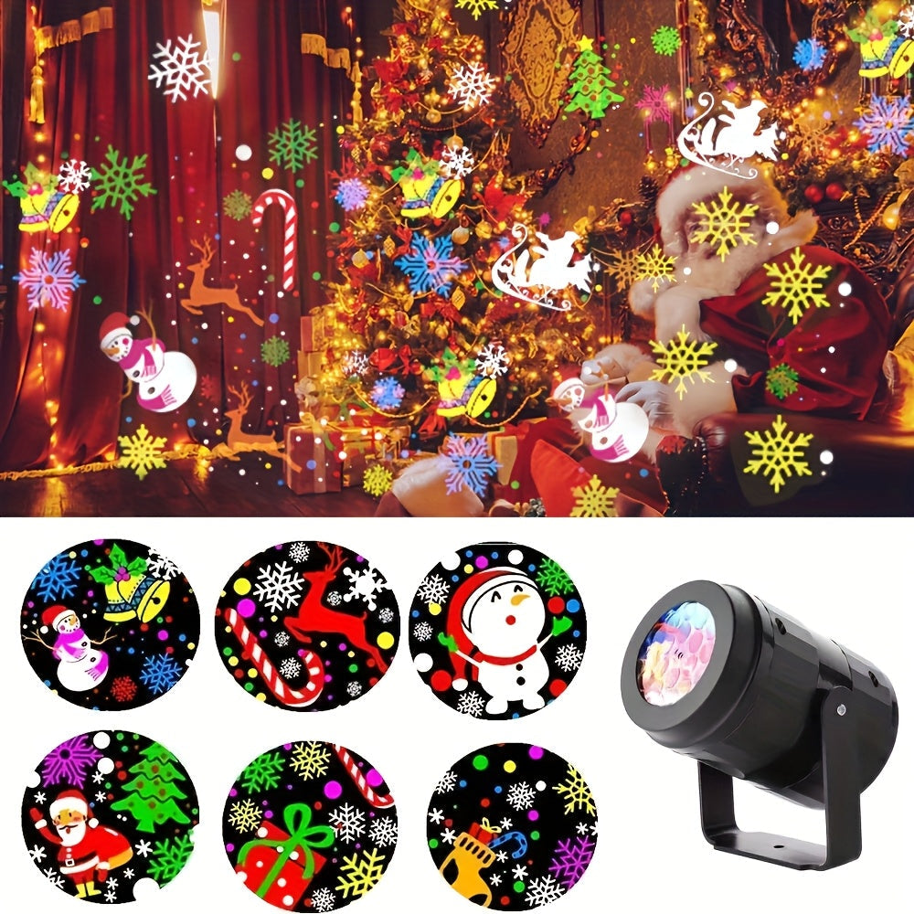 1 proyector LED navideño giratorio con diseños de Santa Claus, copos de nieve y motivos festivos, alimentado por USB, decoración para habitación, fiestas, celebraciones y ambiente navideño, iluminación versátil para interiores