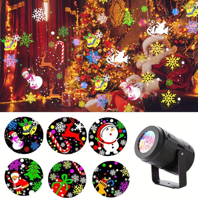 1 proyector LED navideño giratorio con diseños de Santa Claus, copos de nieve y motivos festivos, alimentado por USB, decoración para habitación, fiestas, celebraciones y ambiente navideño, iluminación versátil para interiores
