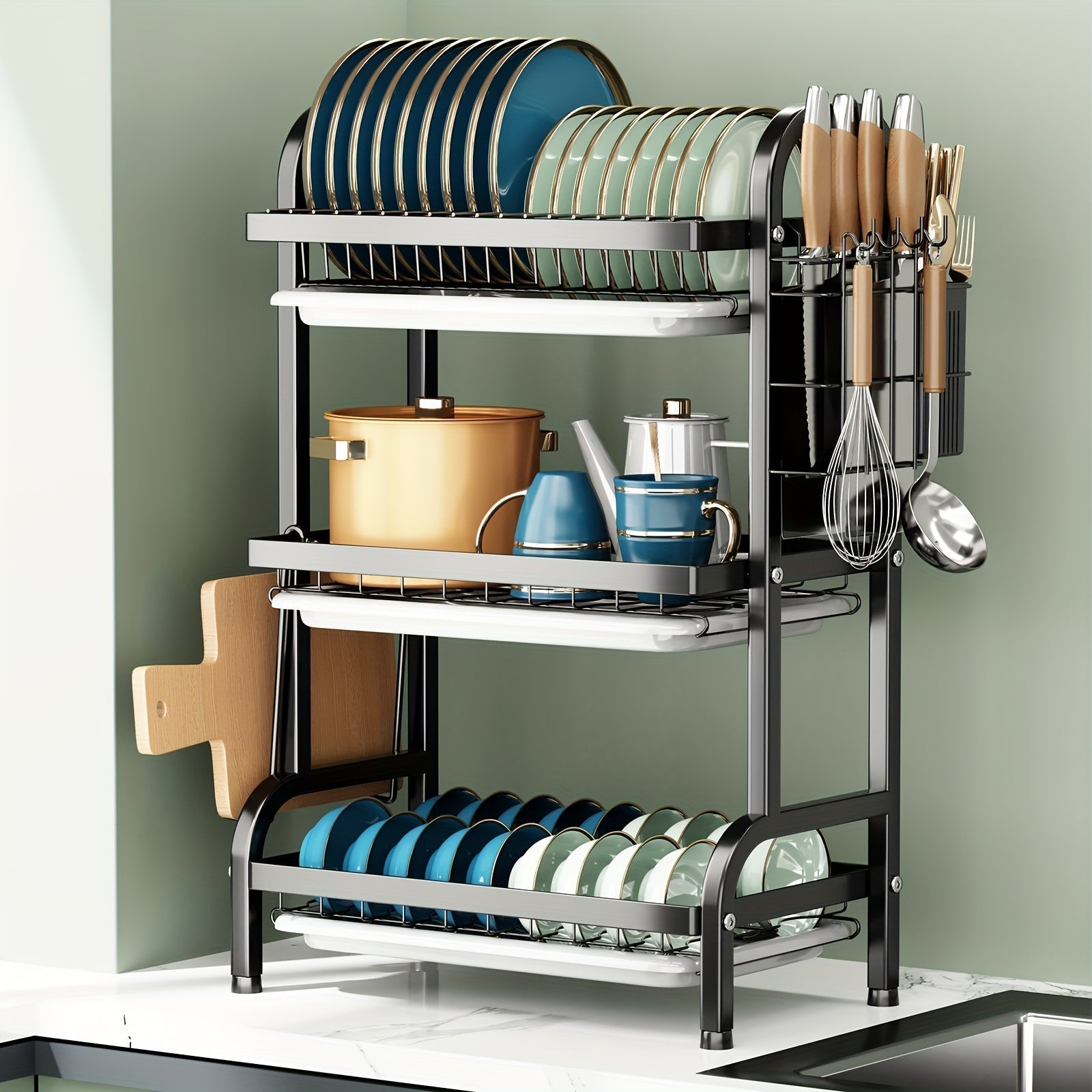 Escurridor de Platos de 2/3 Niveles Ahorrador de Espacio, Organizador de Cocina con Tabla de Cortar y Portacubiertos