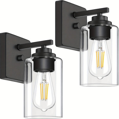 Juego de 2 Apliques de Pared para Baño, Luces Modernas para Tocador, Linternas de Iluminación de Montaje en Pared en Negro Mate, Luces de Pared Estilo Granja con Pantalla de Vidrio Transparente para Dormitorio, Sala de Estar, Pasillo y Cocina (Bombilla I
