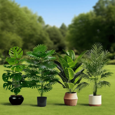 Juego de 4 plantas artificiales tropicales: árbol de plátano, dracena, palma abanico y poinsettia. Follaje perenne que crea un ambiente exuberante tropical, ideal para hogar, oficina, jardín o bodas, añadiendo encanto vibrante a cualquier ocasión festiva