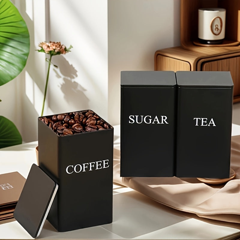 Jarrón de almacenamiento de hierro de tres piezas negro/beige, utilizado para almacenar tazas de té, azúcar y café en la cocina, adecuado para oficinas, almacenamiento en casa y comedor.