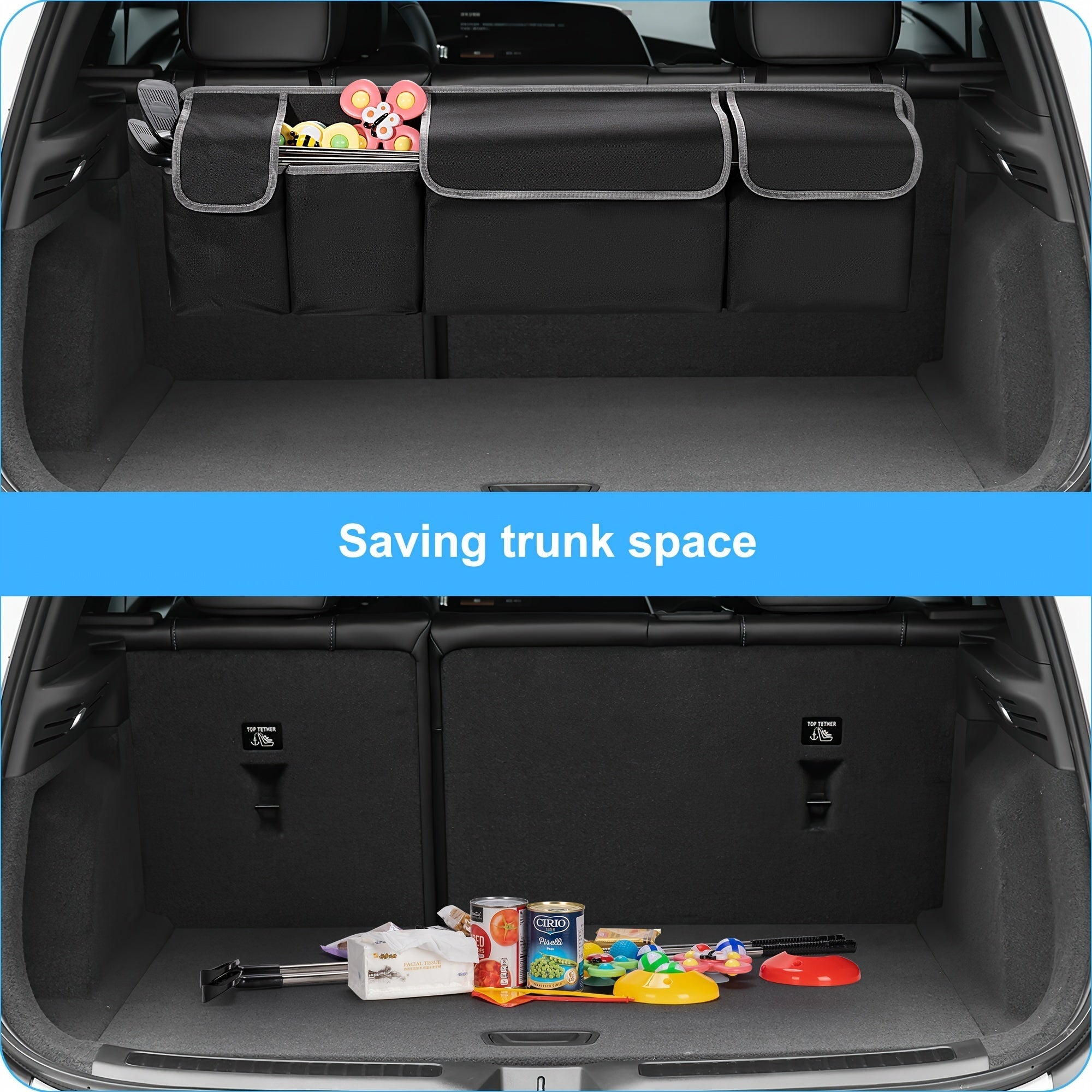 Organizador de maletero de coche con 4 bolsillos y 3 tapas separadas - Accesorios de carga plegables, material duradero de poliamida, almacenamiento multi-cámara para asiento trasero y maletero, organización de vehículos, cierre de cremallera seguro