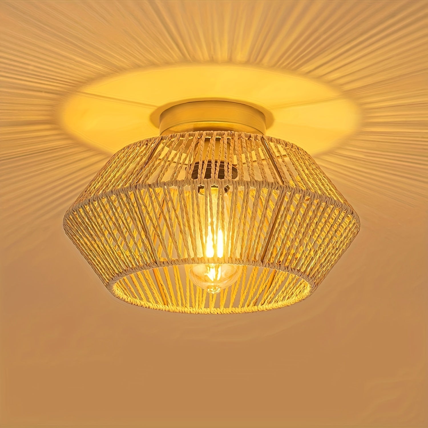 Lámpara de techo estilo boho de mediados de siglo, base E27, montaje semiempotrado, pantalla de 32.0 cm tejida a mano en ratán y metal, acabado barnizado, instalación cableada para dormitorio, pasillo, habitación infantil o sala de estar - Negro