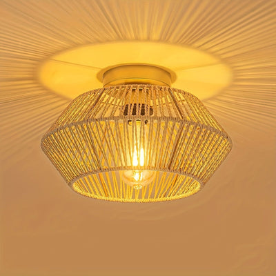 Lámpara de techo estilo boho de mediados de siglo, base E27, montaje semiempotrado, pantalla de 32.0 cm tejida a mano en ratán y metal, acabado barnizado, instalación cableada para dormitorio, pasillo, habitación infantil o sala de estar - Negro