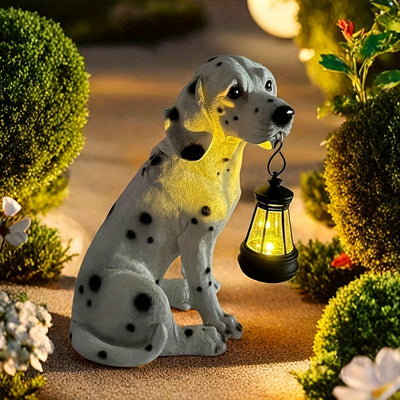 Lámpara de perro Dálmata Solar XXOASIS, decoración de resina para exterior, impermeable, acabado de encaúste, control de interruptor, batería de níquel alimentada por energía solar, ideal para patio, jardín, estanque, decoración de jardín, regalo para am