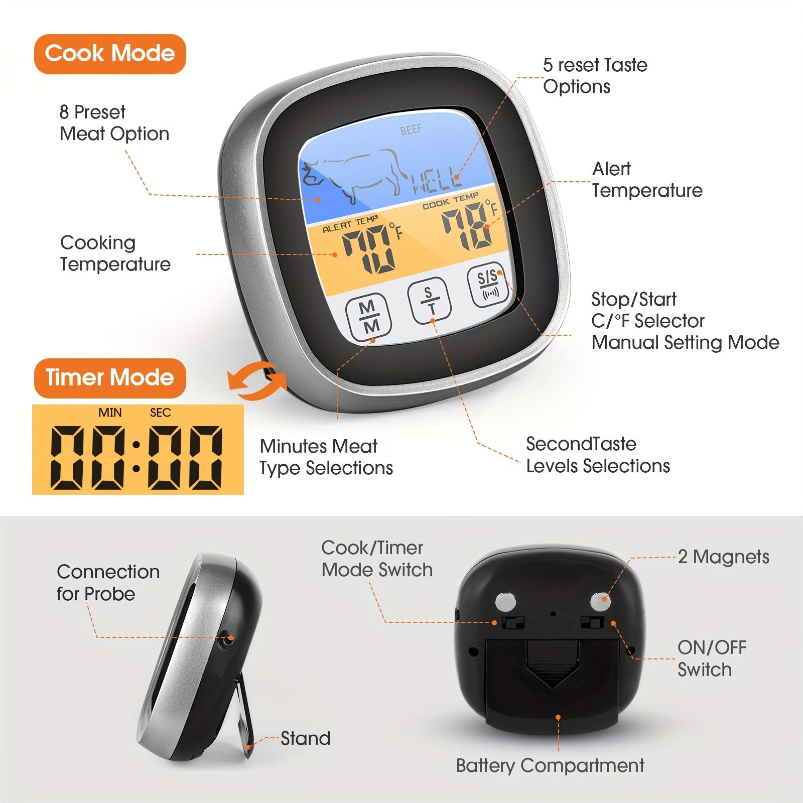 Termómetro digital HOTU con pantalla táctil, probeta de acero inoxidable y temporizador de reloj - Ideal para cocina, cocción, horneado, líquidos, dulces, parrillas, hornos - Material ABS, funcionamiento con batería, termómetro para cocción