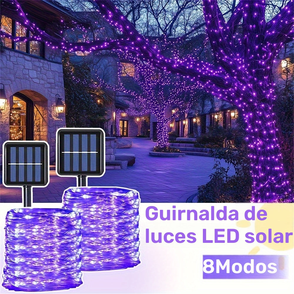 1 Paquete de Luces de Cuerda LED Solares para Exterior, Impermeable IP65, 8 Modos, Luces de Hadas Moradas para Árbol, Jardín, Navidad, Halloween, Día de Acción de Gracias, Día de San Valentín, Decoraciones de Bodas - Energizado por Energía Solar, Batería