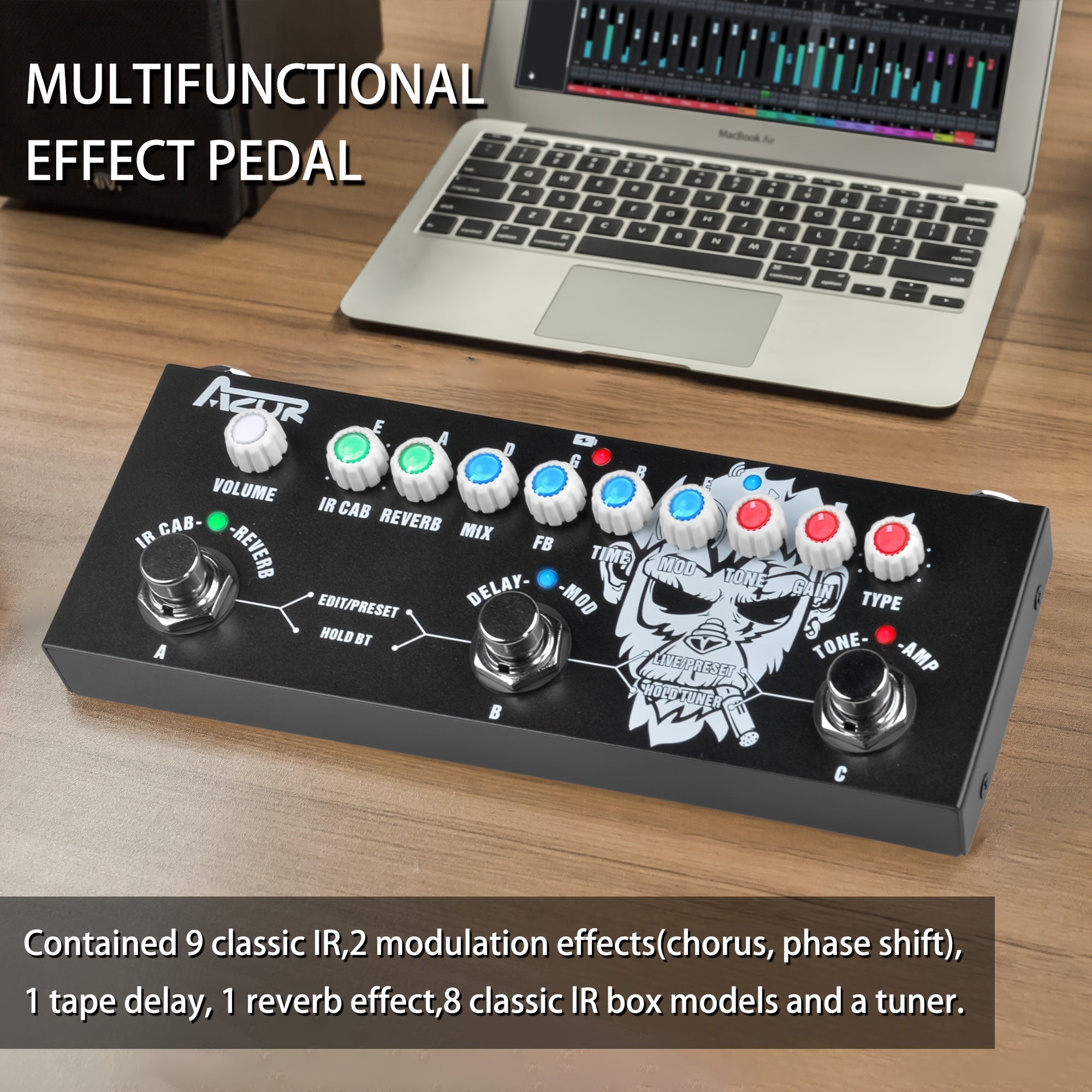Pedal de Efectos Múltiples AZOR con 3 Preestablecidos, 8 Cámaras IR y 9 Modelos de Amplificador, Reverb, Retardo, Overdrive, Distorción y Afinador para Guitarras Eléctricas, Recargable